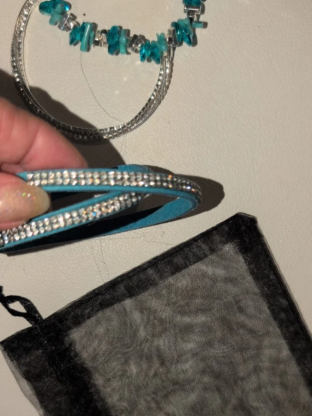 Turquoise Beaded, SilveToned Bracelet & Crystal & Beaded Wrapped Bracelet Set